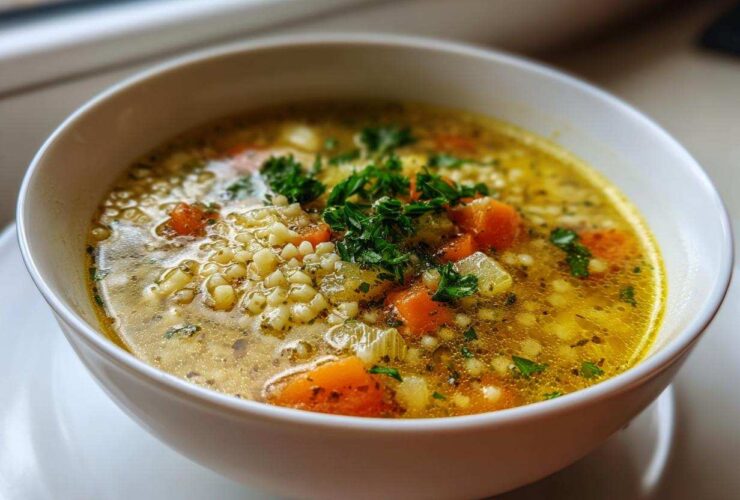 A close-up of a white bowl filled with steaming penicillin soup, featuring small pasta, carrots, and fresh parsley garnish.