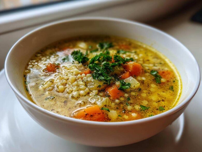 A close-up of a white bowl filled with steaming penicillin soup, featuring small pasta, carrots, and fresh parsley garnish.