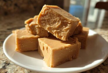Close-up of several squares of rich, brown sugar penuche fudge stacked on a white plate.