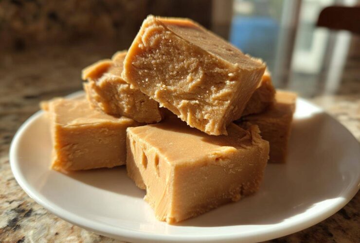 Close-up of several squares of rich, brown sugar penuche fudge stacked on a white plate.