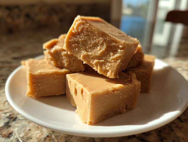 Close-up of several squares of rich, brown sugar penuche fudge stacked on a white plate.