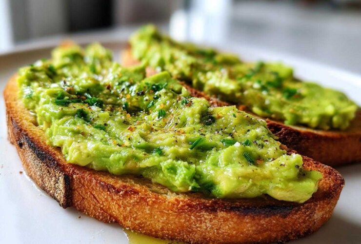 Close-up of two slices of avocado toast topped with mashed avocado, chives, and pepper.