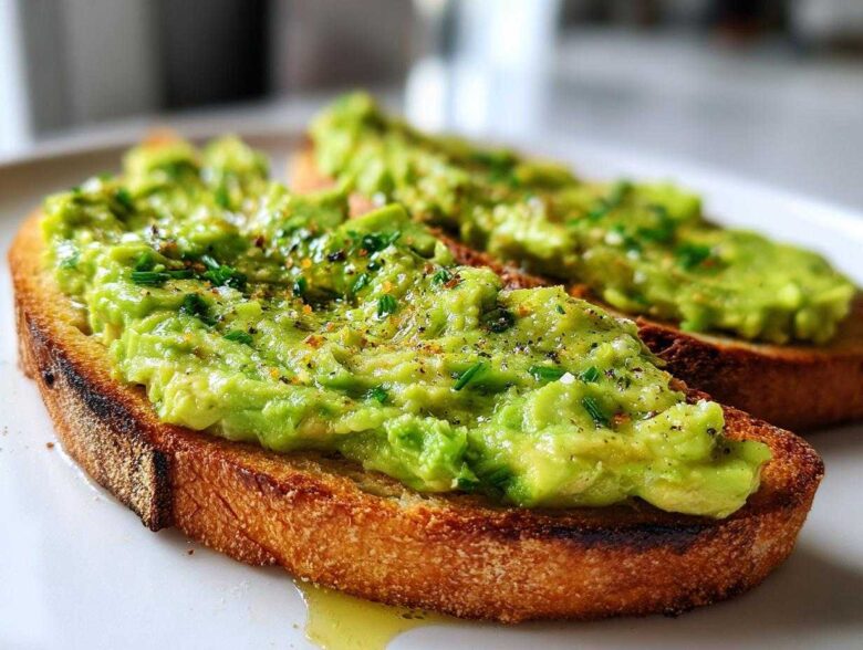 Close-up of two slices of avocado toast topped with mashed avocado, chives, and pepper.
