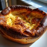 A close-up, golden-brown, and dramatically risen Yorkshire pudding with a crispy edge.