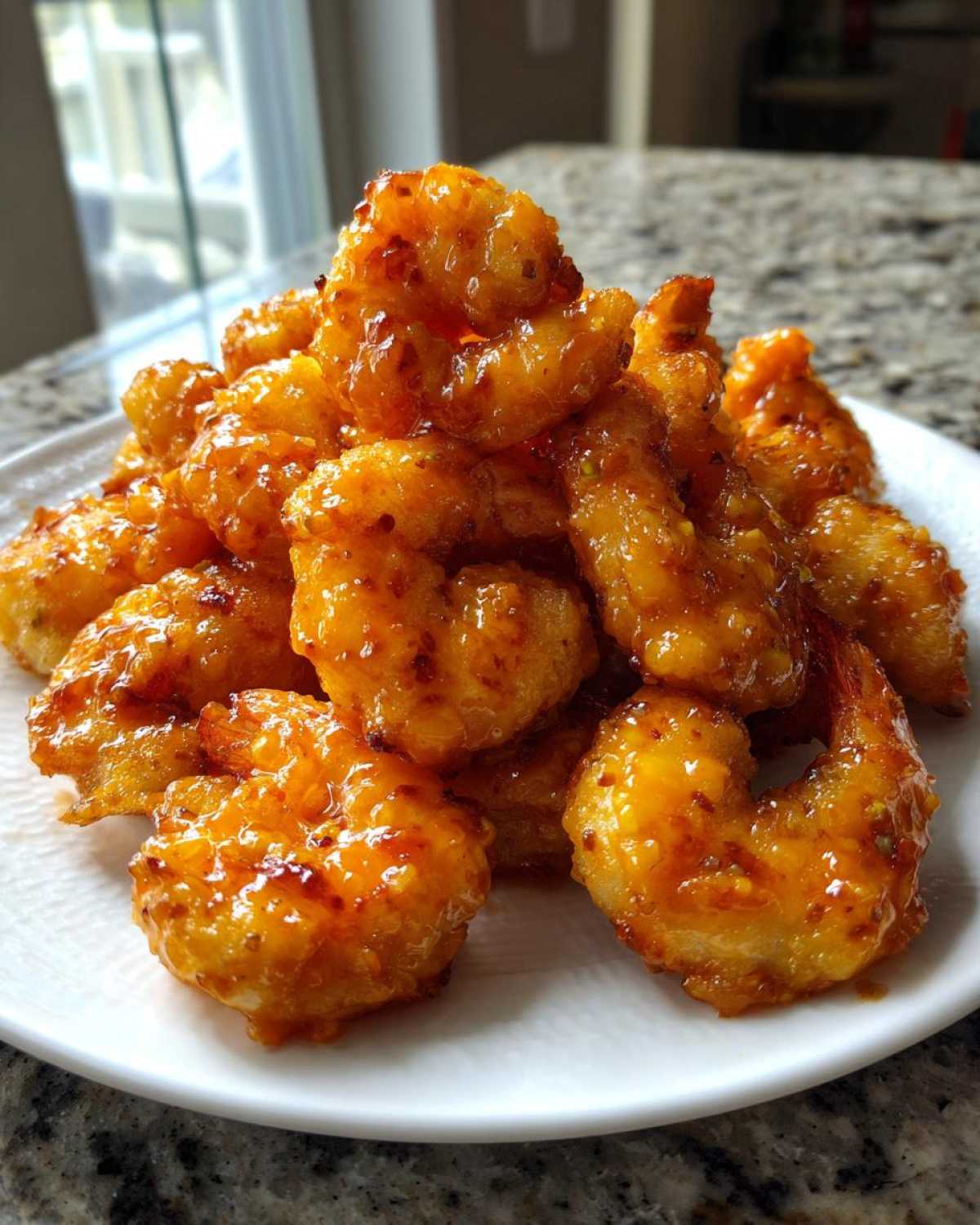 A pile of crispy, golden-orange Bang Bang Shrimp coated in a sweet and spicy sauce, served on a white plate.