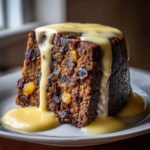 Close-up of a rich, dark slice of plum pudding generously covered in pouring custard.