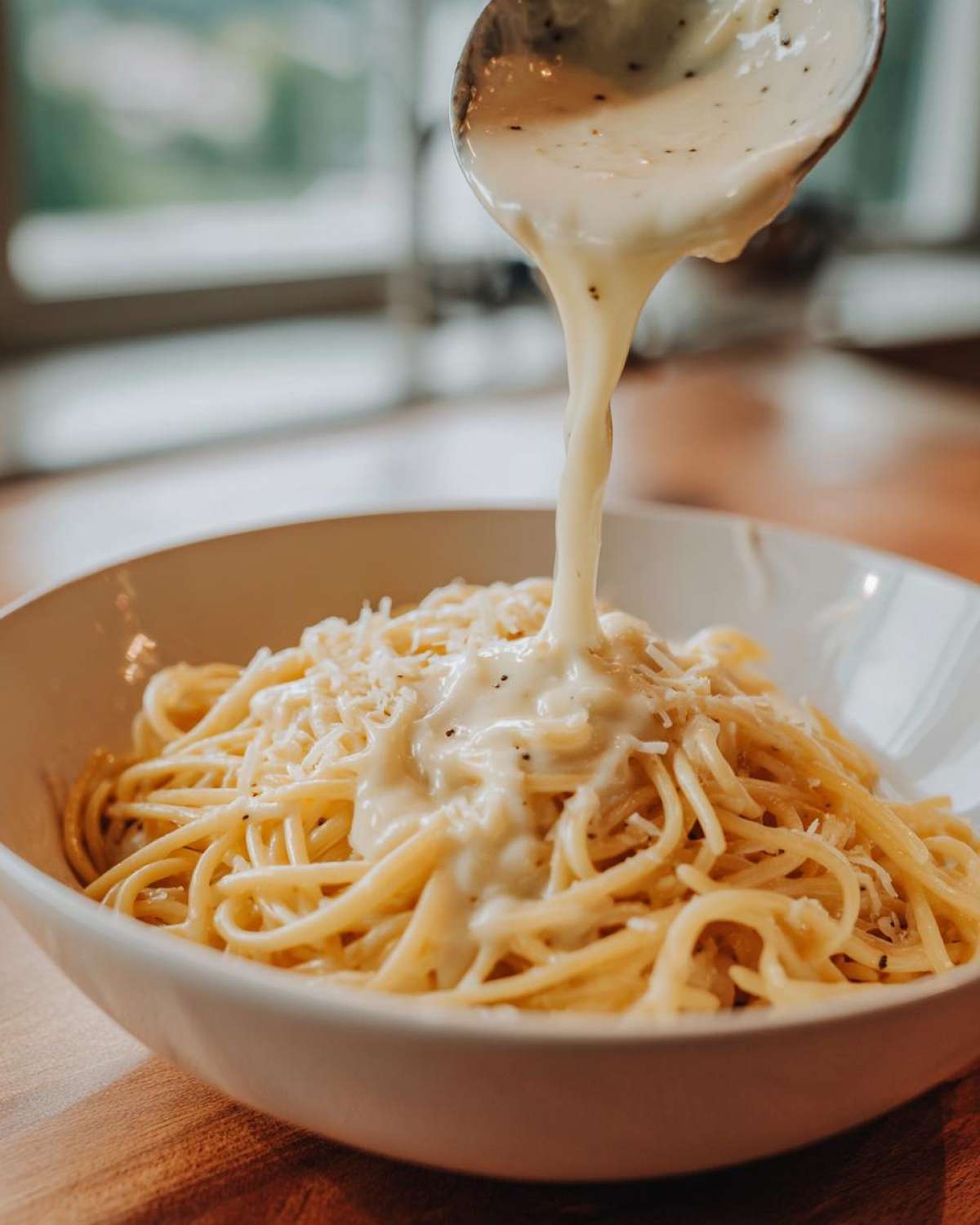 A ladle pours thick, creamy olive garden alfredo sauce over a bowl of spaghetti topped with grated cheese.