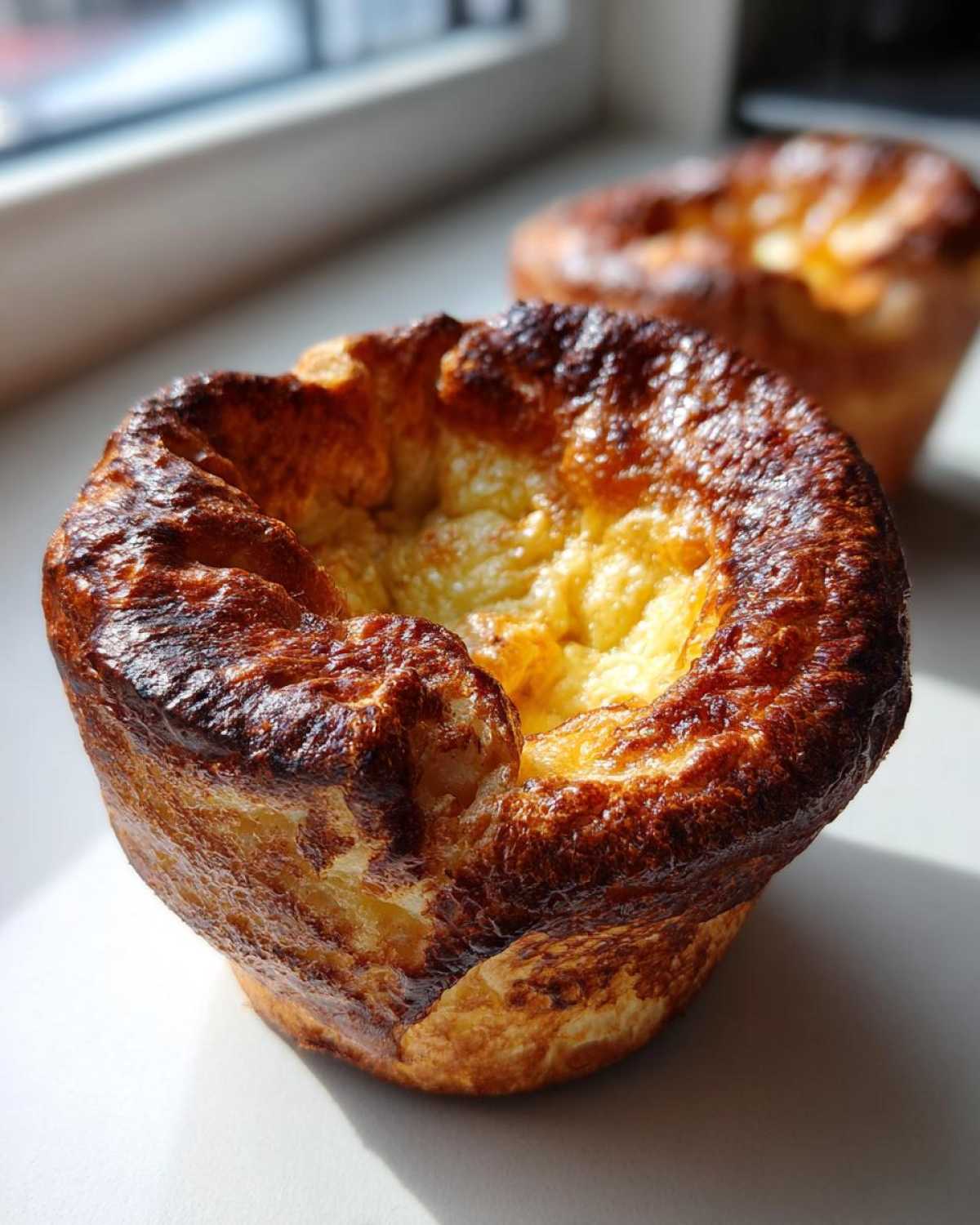 A close-up of a perfectly risen, golden-brown Yorkshire pudding with a deep, crispy edge.