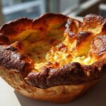 A single, perfectly risen and golden-brown Yorkshire pudding with a deep, crisp edge and soft center.