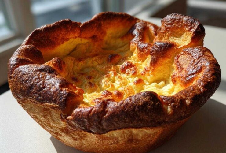 A single, perfectly risen and golden-brown Yorkshire pudding with a deep, crisp edge and soft center.