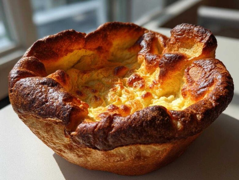 A single, perfectly risen and golden-brown Yorkshire pudding with a deep, crisp edge and soft center.