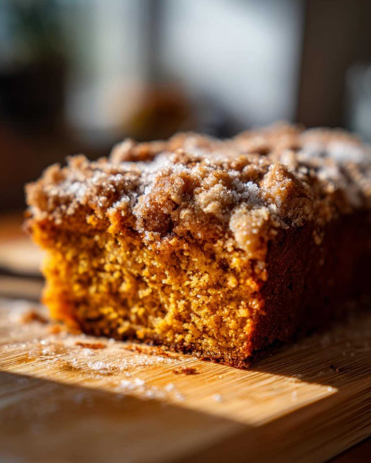 A close-up, sunlit slice of pumpkin crunch cake showing the moist interior and sugary, crumbly topping.