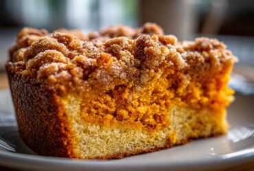 A close-up view of a moist slice of pumpkin crunch cake showing the orange pumpkin layer and crumb topping.