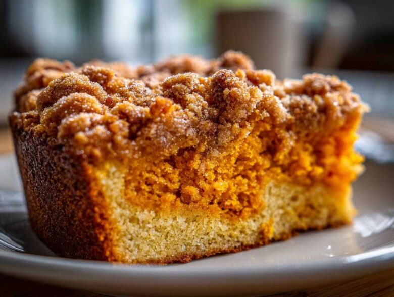 A close-up view of a moist slice of pumpkin crunch cake showing the orange pumpkin layer and crumb topping.