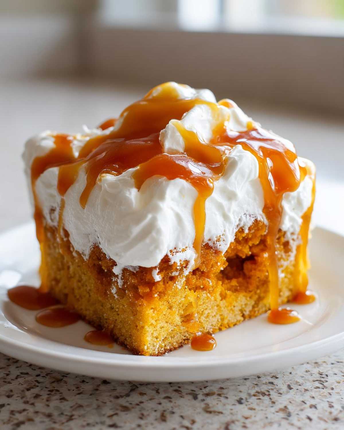A square slice of moist pumpkin poke cake topped with whipped cream and drizzled generously with caramel sauce.