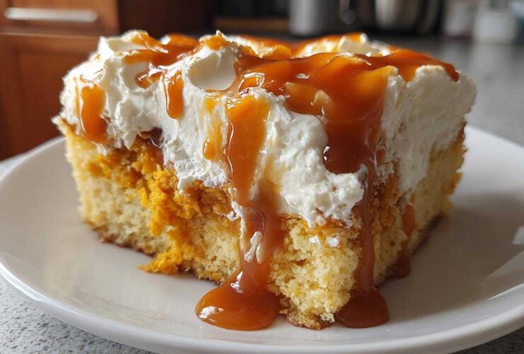 A close-up of a slice of moist pumpkin poke cake topped with whipped cream and drizzled heavily with caramel sauce.