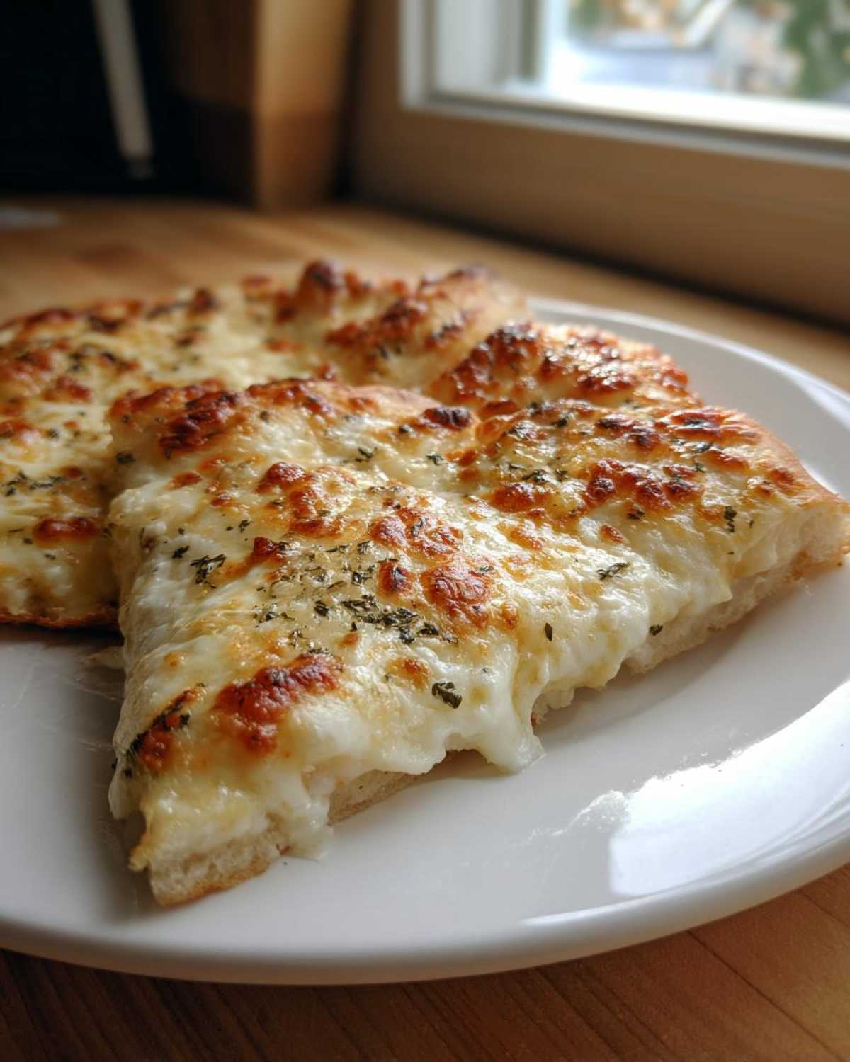 Close-up of two slices of cheesy white pizza topped with herbs on a white plate.