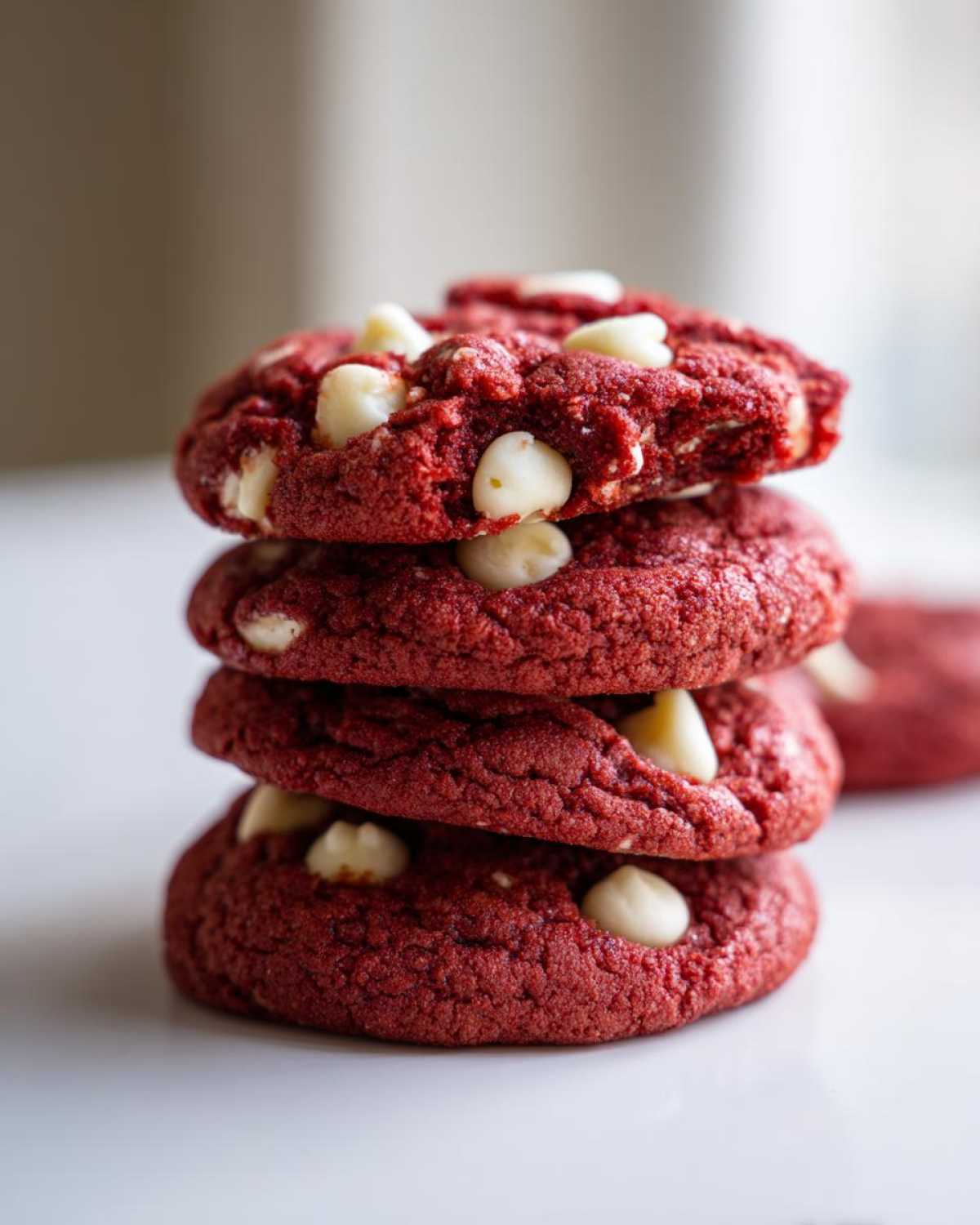 A stack of four vibrant red velvet cake mix cookies studded with white chocolate chips.