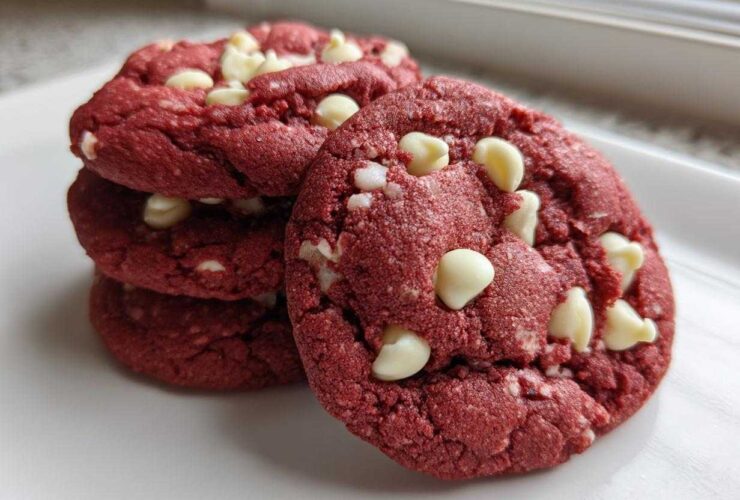 Close-up of a stack of vibrant red velvet cake mix cookies studded with white chocolate chips on a white plate.