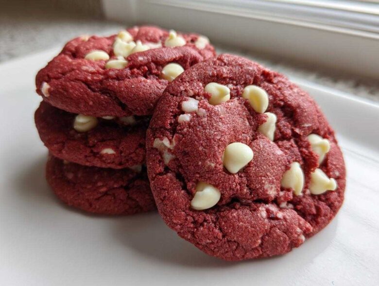 Close-up of a stack of vibrant red velvet cake mix cookies studded with white chocolate chips on a white plate.