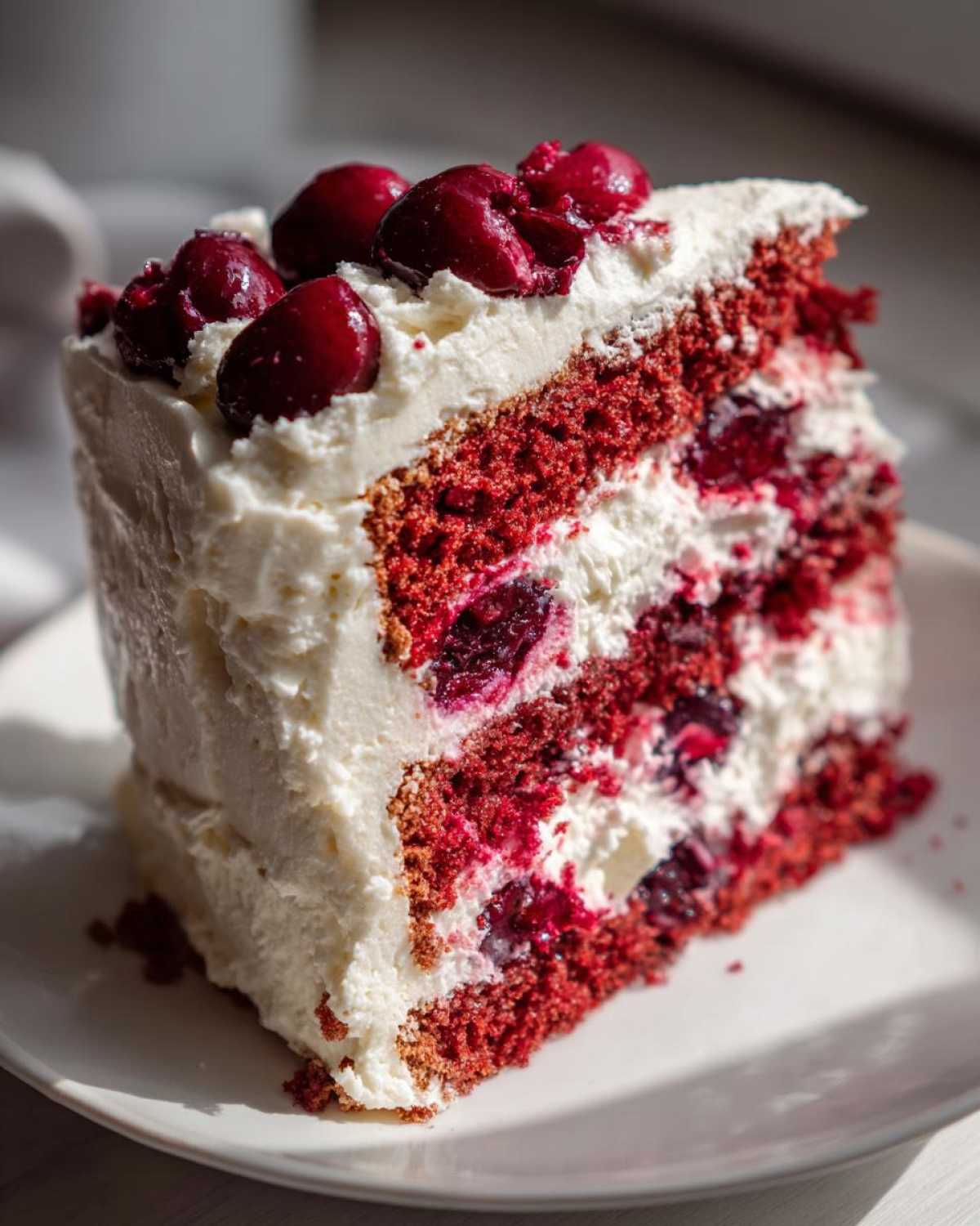 A decadent slice of red velvet cherry cake layered with white cream frosting and topped with fresh cherries.