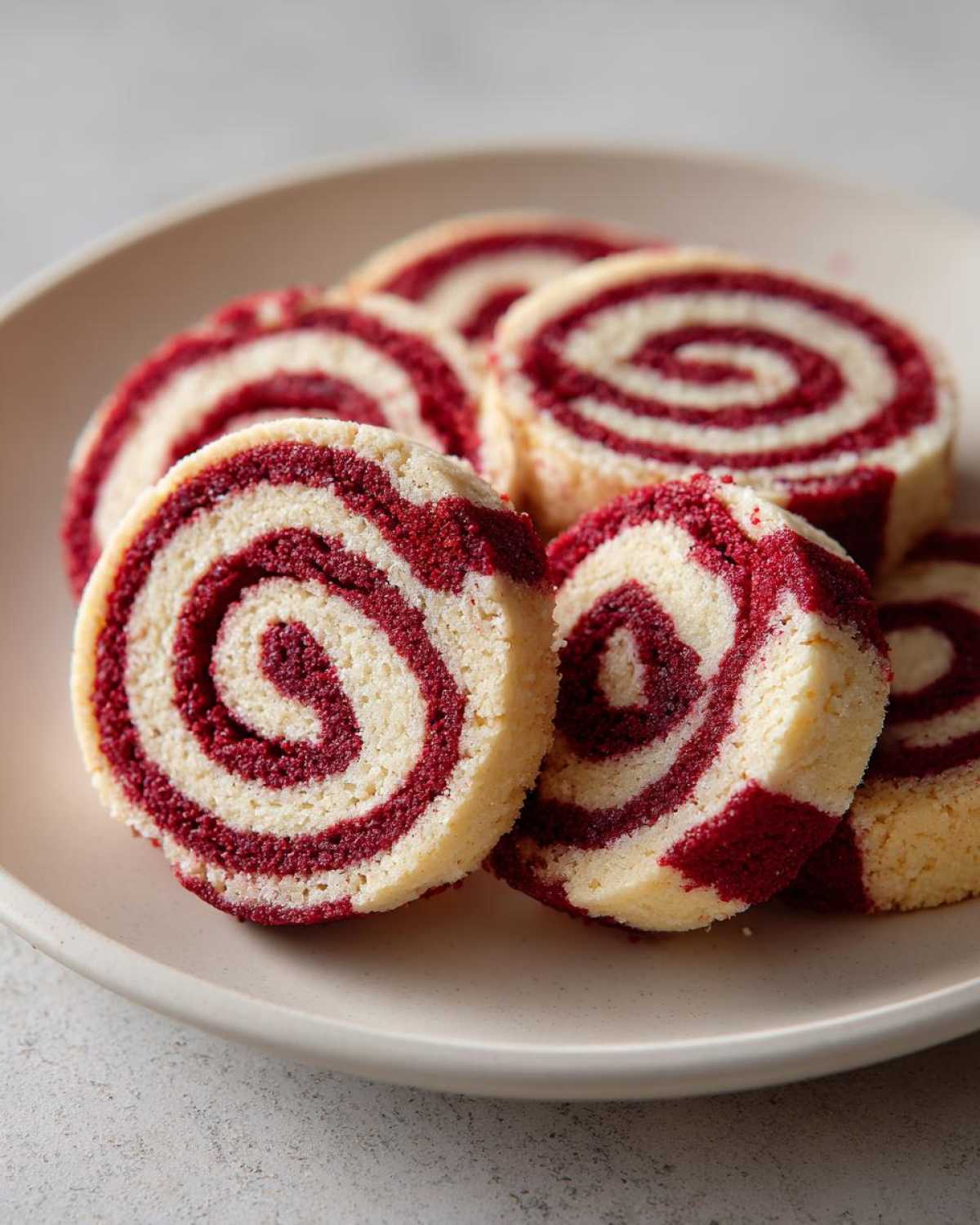 Close-up of several red velvet and vanilla pinwheel cookies slices arranged on a light plate.