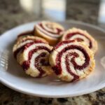 Several red velvet pinwheel cookies showing a distinct red and white swirl pattern, served on a white plate.