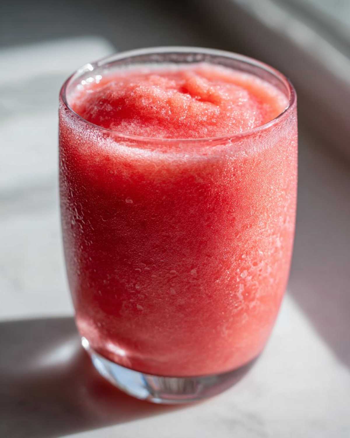 Close-up of a frosty, bright pink watermelon smoothie in a condensation-covered glass.