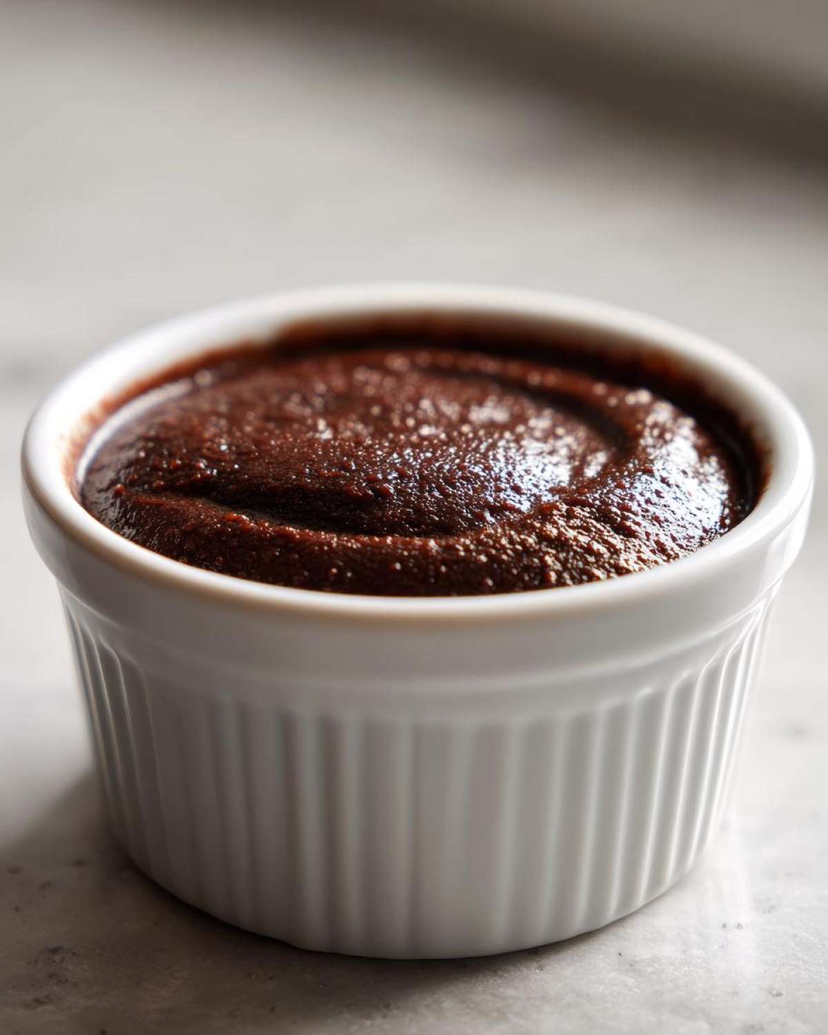 Close-up of rich, dark homemade chocolate pudding served in a white, fluted ramekin.