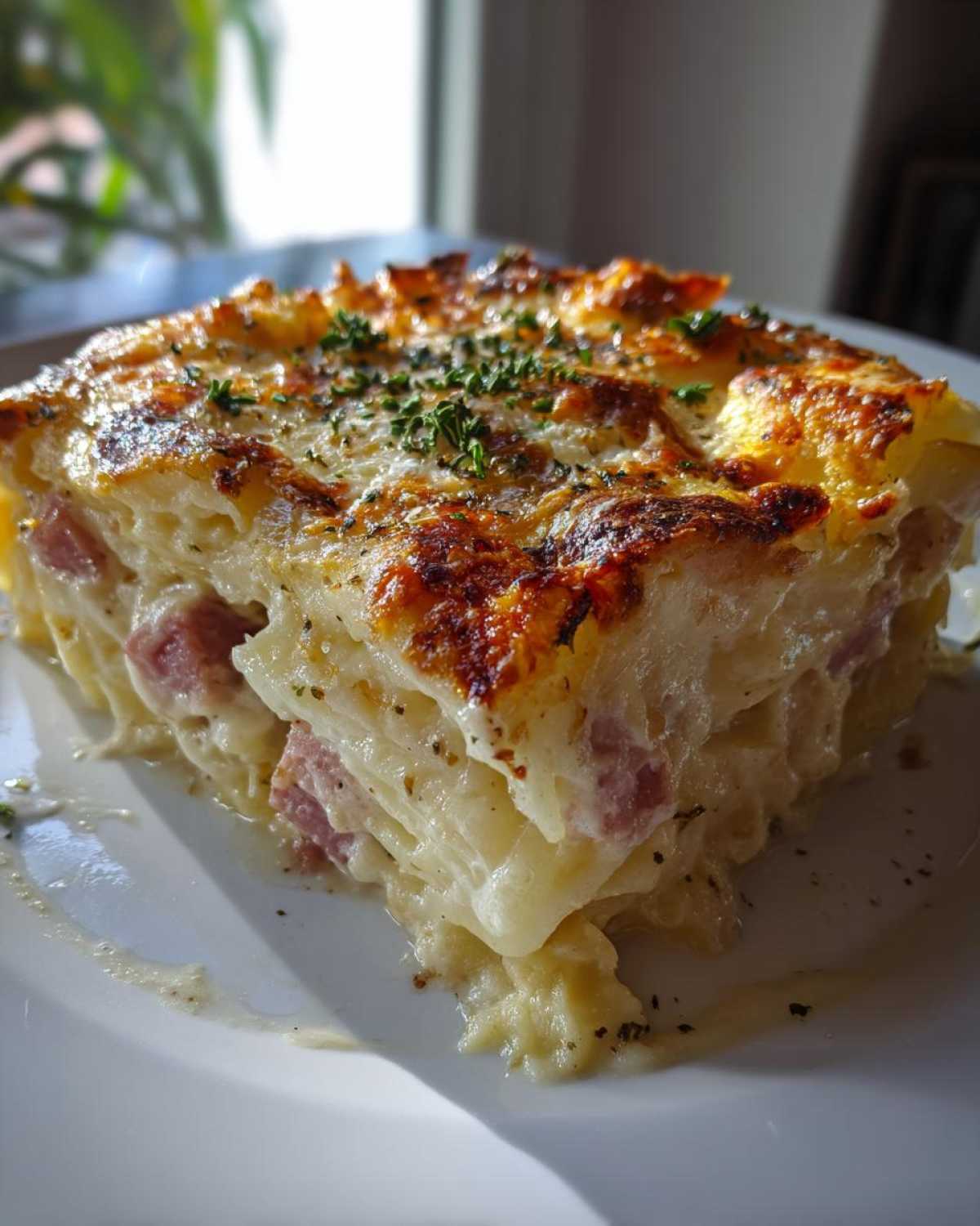 A rich, cheesy slice of scalloped potatoes and ham with a golden-brown, bubbly top, garnished with parsley.