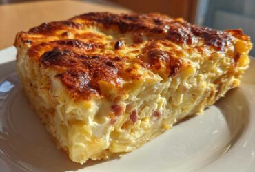 A thick, golden-brown slice of creamy scalloped potatoes and ham baked in a casserole dish.