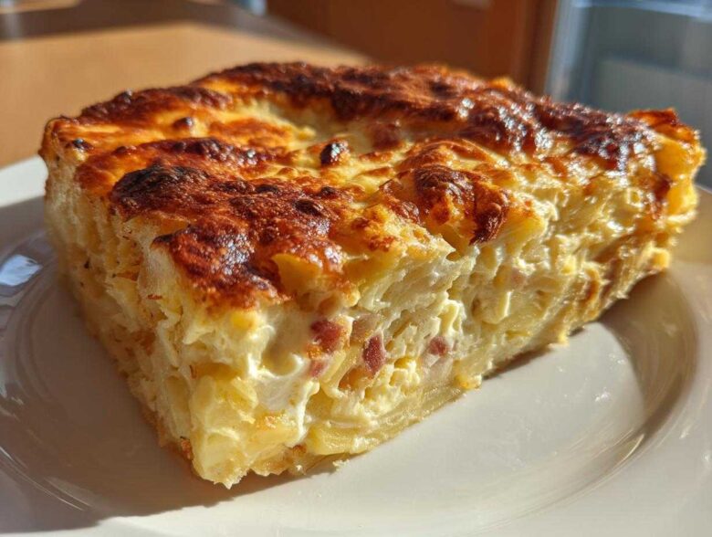 A thick, golden-brown slice of creamy scalloped potatoes and ham baked in a casserole dish.