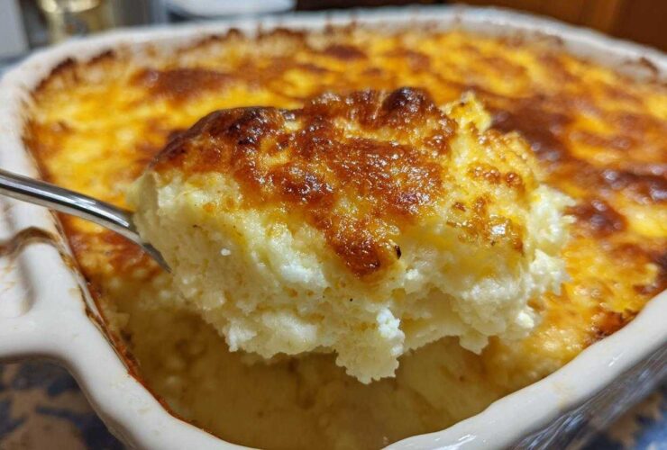 A spoonful of creamy, cheesy baked mashed potatoes being lifted from a casserole dish with a golden brown crust.