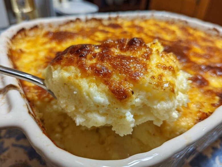 A spoonful of creamy, cheesy baked mashed potatoes being lifted from a casserole dish with a golden brown crust.