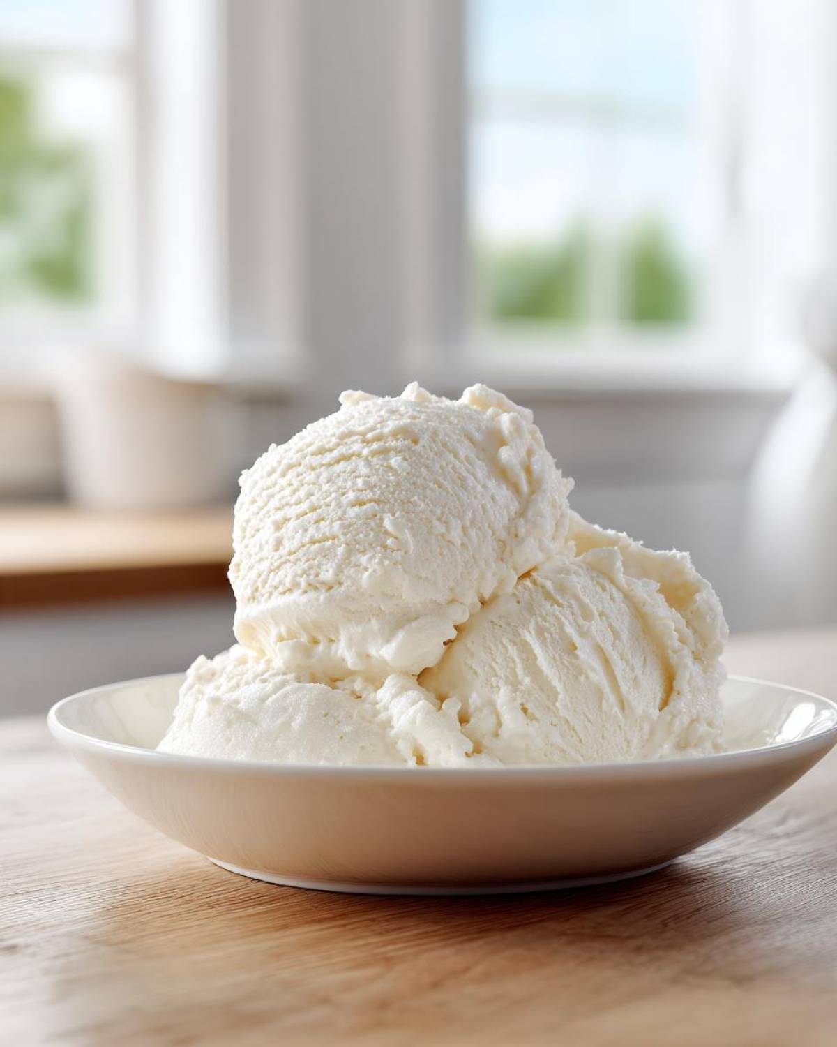 Three scoops of creamy, white cottage cheese ice cream served in a shallow bowl on a wooden table.