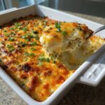 A spoonful of creamy, cheesy popper dip being lifted from a white baking dish, topped with melted cheese and chives.