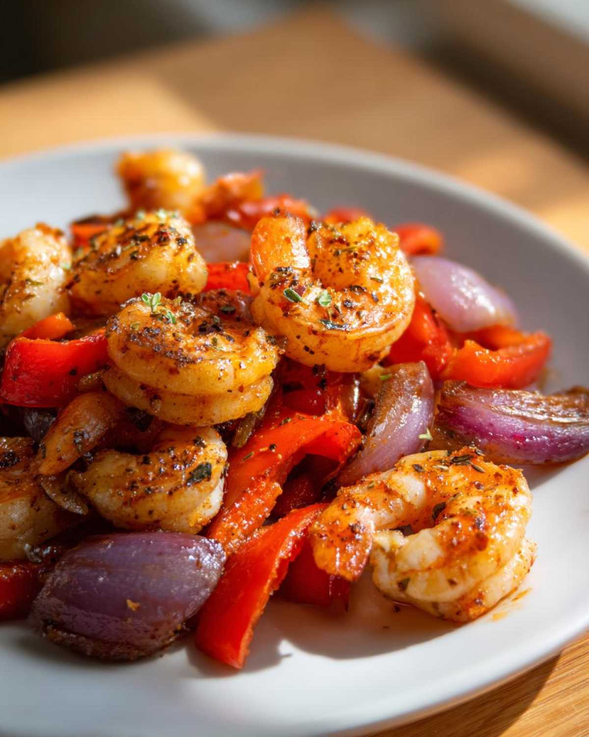 Close-up of seasoned shrimp fajitas featuring plump shrimp, red bell peppers, and purple onions on a white plate.