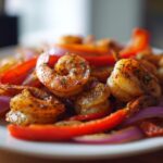 Close-up of perfectly seasoned shrimp fajitas mixed with vibrant red bell peppers and purple onions on a white plate.