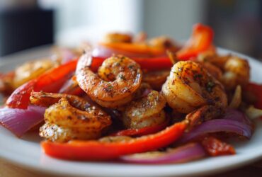 Close-up of perfectly seasoned shrimp fajitas mixed with vibrant red bell peppers and purple onions on a white plate.