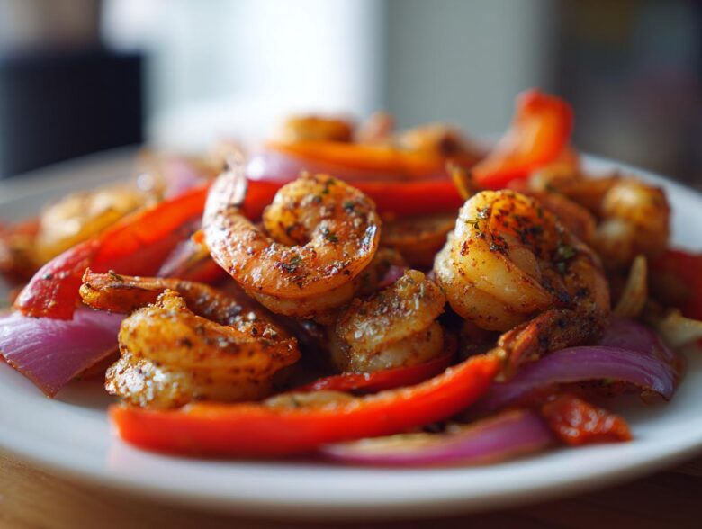 Close-up of perfectly seasoned shrimp fajitas mixed with vibrant red bell peppers and purple onions on a white plate.