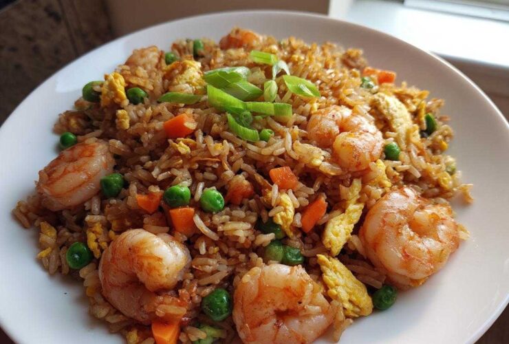 Close-up of a delicious shrimp fried rice recipe featuring large shrimp, peas, carrots, and scrambled egg, garnished with green onions.