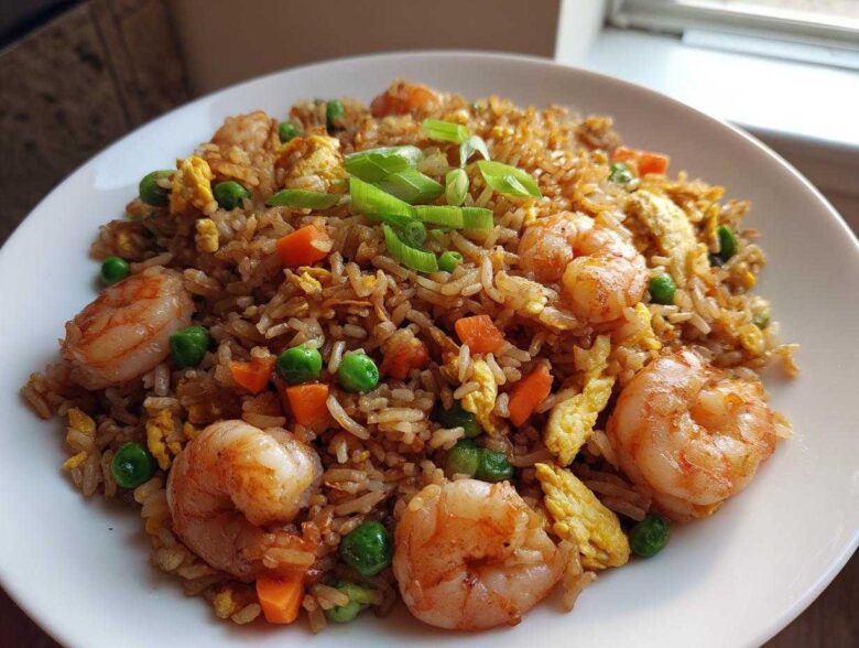Close-up of a delicious shrimp fried rice recipe featuring large shrimp, peas, carrots, and scrambled egg, garnished with green onions.