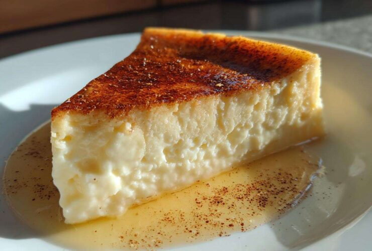 A close-up of a thick slice of silky egg custard with a caramelized top, resting in syrup on a white plate.