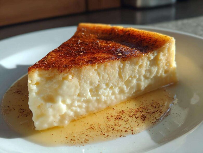A close-up of a thick slice of silky egg custard with a caramelized top, resting in syrup on a white plate.