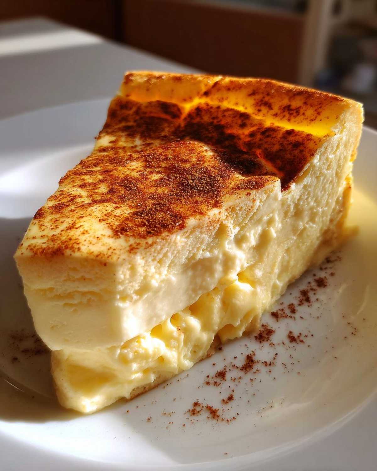 A thick slice of silky egg custard, browned on top and dusted with cinnamon, served on a white plate.