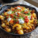 A cast iron skillet filled with crispy Cheesy Taco Potatoes, topped with melted cheese, salsa, sour cream dollops, and chives.