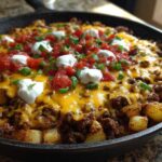 A cast iron skillet filled with Cheesy Taco Potatoes topped with ground beef, melted cheddar, salsa, sour cream, and green onions.