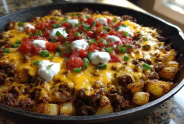 A cast iron skillet filled with Cheesy Taco Potatoes topped with ground beef, melted cheddar, salsa, sour cream, and green onions.