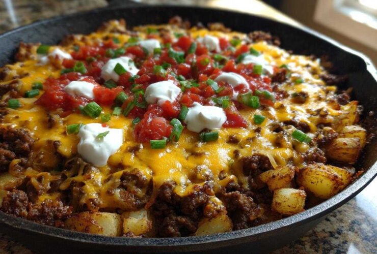 A cast iron skillet filled with Cheesy Taco Potatoes topped with ground beef, melted cheddar, salsa, sour cream, and green onions.