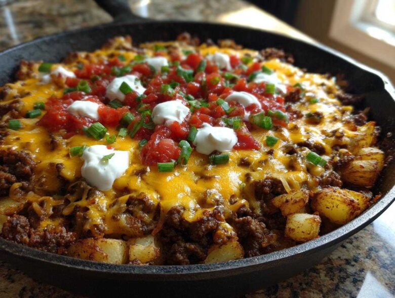 A cast iron skillet filled with Cheesy Taco Potatoes topped with ground beef, melted cheddar, salsa, sour cream, and green onions.